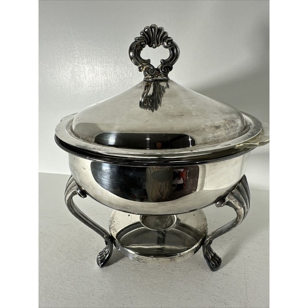 W M Rogers Shaffing  Serving Dish With Fire King Glass Bowl Insert And Lid